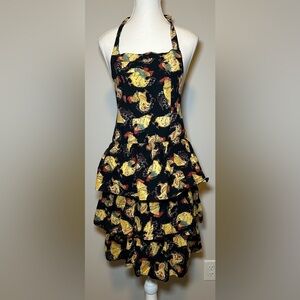 April Cornell Apron Rooster Print Tiered Ruffle Cotton Open Back Country Farm 🐔